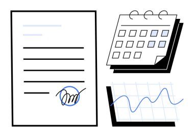 İmzalı belge, zaman çizelgesi ve analiz için çizgi grafiği. Planlama, yönetim, organizasyon, iş stratejisi, veri analizi verimlilik için idealdir. Basit düz