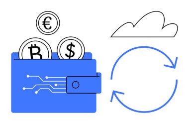 Bitcoin, Euro ve Dolar bozukluklu kripto para cüzdanı, bulut hatları, senkronize oklar. Kripto para birimi, engelleme zinciri, fintech, bulut depolama dijital finans veri transferi için ideal
