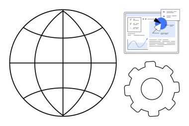 Küresel bağlantıyı simgeleyen küre, grafikler ve otomasyonu temsil eden teçhizat içeren analitik gösterge paneli. Teknoloji, ağ, veri analizi, otomasyon, küresel işletmeler ve bilişim için ideal