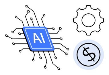 Dışarıya bağlı devreleri olan yapay zeka işlemcisi, teknolojiyi ve otomasyonu sembolize eden teçhizat, finansal etki için dolar işareti. Yapay zeka, teknoloji, otomasyon, yenilik, fintech, verimlilik dijital için ideal