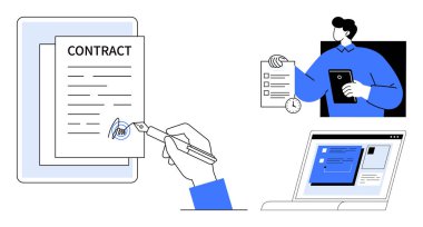 Elle imzalama sözleşmesi, kontrol listesi tutan kişi ve belge gösteren dizüstü bilgisayar. İş için ideal, iş akışı, teknoloji, e-imza, yasal uyum, üretkenlik basit düz metafor