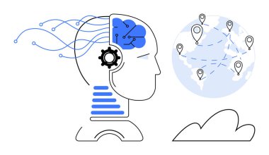 Sinir ağı, dişli sembolü ve bağlı dünya görselleştirme yapay zekası, makine eğitimi, dijital dönüşüm, küresel işbirliği, yenilik, veri analizi gelecekteki teknolojisi ile insan kafası stilize edildi. A