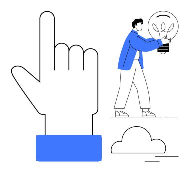 Parlayan bir ampulü tutan bir figürün yanında yukarı doğru uzanan dev bir el. Yenilik için ideal, problem çözme, yaratıcılık, takım çalışması, keşif, eğitim, karar verme. Basit düz metafor