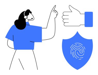 Parmak izi ikonu olan bir kalkan ve baş parmak izi jestinin yanında duran bir kadın. Güvenlik, onay, onay, anlaşma, gizlilik, kimlik koruma ve güven için ideal. Basit düz metafor