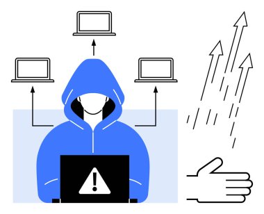 Bağlı aygıtların altında uyarı işareti olan laptop kullanan kapüşonlu figür veri sızıntılarını temsil ediyor. Siber güvenlik, internet güvenliği, hackleme, kötü amaçlı yazılım, şifreleme, veri koruması ve suç için ideal