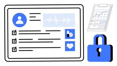 Kişisel bilgileri içeren dijital sağlık profili, kontrol listesi, kalp atış hızı ve ilaçlar. Özellikler çizelgesi, dosya ve asma kilit. Sağlık, veri gizliliği, izleme ve teknoloji için ideal