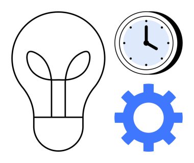 Ampul, saat ve teçhizat birbirine bağlı, yeniliği sembolize ediyor, zaman yönetimi, iş verimliliği. Yaratıcılık, üretkenlik, zaman planlama proje yenilikçiliği takım çalışması hedefi için ideal