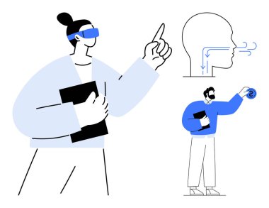 VR kulaklık kullanan, elinde defter tutan, sanal arayüzle etkileşime giren bir kadın. Yan profilde solunum örnekleri var. Eğitim, yenilik, teknoloji, eğitim, sağlık araştırmaları için ideal