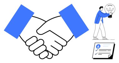 Baskın bir tema olarak el sıkışmak ortaklığı sembolize eder, elinde yeniliği temsil eden bir ampul tutan bir kişi ile birlikte, görev icrası için bir kontrol listesi. Takım çalışması ve iş anlaşmaları için ideal