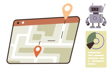 Konum iğneli dijital harita, yapay zekayı sembolize eden robot ve veri içgörüsünü temsil eden analitik çizelge. Teknoloji, yapay zeka, otomasyon, navigasyon, veri analizi, yenilik ve gelecekteki eğilimler için ideal