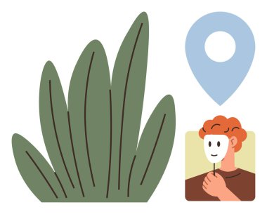 Kızıl saçlı, elinde maske, büyük yeşil yapraklar ve yer işareti olan biri. Kimlik, anonimlik, çevre, mekan, kendini ifade etme mahremiyeti kişisel gelişim için ideal. Basit düz metafor