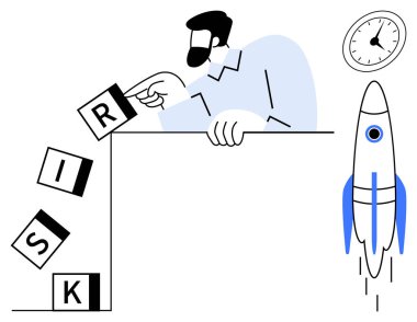 Adam bir bloğu kaldırarak risk dominosunun ilerlemesini engelliyor. Roket ilerlemeyi simgeler ve saat de aciliyeti simgeler. Liderlik, strateji, yenilik, zaman yönetimi, problem çözme, risk için ideal