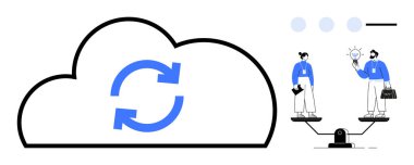 Bulutun içindeki mavi senkronize oklar veri akışını temsil ediyor. Dengeli bir ölçekte iki kişi bir çanta ve bir ampul tutuyor. Takım çalışması, yenilik, bulut hesaplama, denge ve eşitlik için ideal