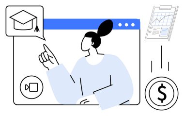 Tarayıcı penceresinin içindeki mezuniyet şapkasını gösteren bir kadın, video çağrı düğmesi, çizelgeli pano, dolar işareti. Eğitim, uzaktan eğitim, e-öğrenme, finans, analiz iletişimi için ideal