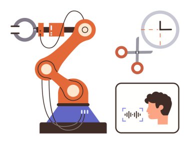 Vitesli ve aletli robot kol, saat, yüz tanıma ekranı. Yapay zeka, otomasyon, teknoloji, yenilik, yüz tanıma verimliliği üretimi için ideal. Basit düz metafor