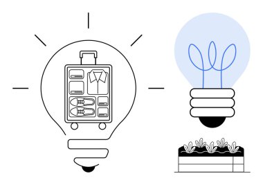 Bir ampulün içinde, eko-esinlenilmiş ampuller, kablolar, ve bahçe yatağı. Sürdürülebilirlik, eko-seyahat, yenilik, yaratıcılık, yeşil yaşam, çevrecilik için ideal basit