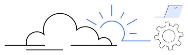 Gündoğumu ışınlı bulut, ayarları ve süreçleri sembolize eden teçhizat ve dijital çalışma için dizüstü bilgisayar simgesi. Teknoloji, veri yönetimi, yenilik, bulut hesaplama, uzak çalışma, gündoğumu metaforu için ideal