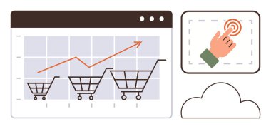 Alışveriş arabalarını yukarı doğru eğilimli grafikler, dokunmatik ekran ve bulut tıklamaları. E-ticaret, piyasa büyümesi, dijital satışlar, veri analizleri, online alışveriş teknolojisi bulut depolama için ideal. Basit.