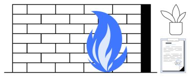 Güvenlik duvarını, saksıyı ve imzalı belgeyi simgeleyen mavi alevli tuğla duvar. Siber güvenlik, veri güvenliği, teknoloji, risk önleme, çevrimiçi mahremiyet, sistem denetimi için ideal