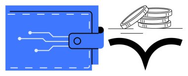Mavi cüzdanda devre çizgileri, üst üste istiflenmiş bozuk paralar ve kalın oklar var. Finans, teknoloji, işlemler, kripto para birimi, fintech, tasarruflar, veri yönetimi için ideal. Basit düz