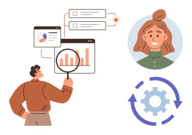 Çizelgeleri ve proje verilerini oklu büyüteç, kullanıcı profili ve çalışma teçhizatı ile değerlendiren analist. Analiz, takım çalışması, planlama, strateji, geri besleme, otomasyon verimliliği için ideal