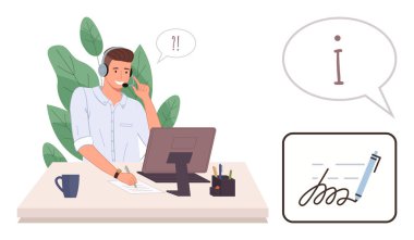 Kulaklık takmış bir müşteri temsilcisi bilgisayarlı bir masada çalışıyor, diyalog baloncukları, kontrat imzaları. İletişim, destek, iş çözümleri, telekomünikasyon, teknoloji, tavsiye için ideal