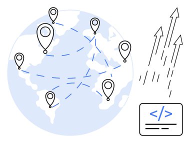Noktalı çizgiler, yukarı doğru oklar ve bir kodlama penceresiyle bağlanmış yer işaretleri olan bir dünya. Teknoloji, veri paylaşımı, küresel ulaşım, yenilik, gelişim bağlantı artışı için idealdir. Basit düz