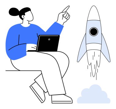 Dizüstü bilgisayarı gökyüzüne fırlatılan bir roketi işaret eden kişi. Yenilik için ideal, başlangıç büyümesi, iş stratejisi, yaratıcılık, teknoloji, hedef belirleme, eğitim. Çok basit.