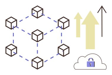 Birbirine bağlı küpler blokzincirleme ağa bağlı, güvenli bulut kilitli, yukarı doğru oklar büyümeyi simgeliyor. Teknoloji, veri, engelleme zinciri, güvenlik, yenilik, dijital büyüme bağlantısı için ideal