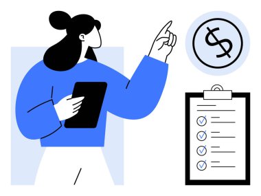 Elinde tablet tutan profesyonel bir kadın, bir dolar işaretini işaret ediyor, listenin yanında. Finans, bütçe, planlama, hedefler, iş stratejisi üretkenlik ekonomisi için idealdir. Basit düz metafor