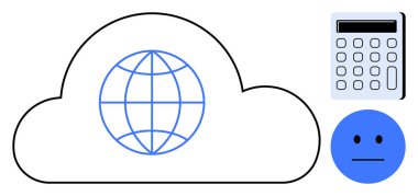 Küre, küresel bağlantıyı, analiz için hesap makinesini ve tarafsız yüz duygusunu sembolize ediyor. Teknoloji, veri, iletişim, küresel ağ, finans, bulut hesaplama için ideal