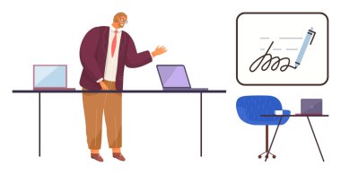 Ekranda dijital imzası olan bir masada dizüstü bilgisayar kullanan profesyonel iş adamı sunumu. İş, sunum, takım çalışması, teknoloji, e-imza, profesyonel ortam için ideal