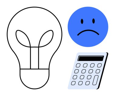 Yeniliği sembolize eden ampul, hayal kırıklığını ileten üzgün yüz ve problem çözmeyi gösteren hesap makinesi. Yaratıcılık, meydan okuma, duygu, finans, çözümler, sürdürülebilirlik işi için ideal