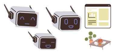 Üç yapay zeka sohbet robotu çeşitli ifadeler sergiliyor, dijital bir arayüz ve bitki ve dokümanlarla kurulmuş bir tablo yanında. Yapay zeka, iletişim, teknoloji, duygular, uzak çalışma ve yenilik için ideal