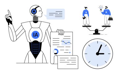 Veri tablolarını analiz eden robot, yenilik ve dengeyi sembolize eden ölçekte iki birey, büyük saat. Yapay zeka, otomasyon, veri analizi, teknoloji, verimlilik, yenilik zamanı yönetimi için ideal