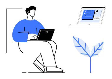 Bilgisayarda çalışan adam, çevrim içi etkileşimleri sembolize eden dijital arayüz, çevreci bilinç için bir yaprak simgesi ile çevrili. Teknoloji, uzak çalışma, çevre, yenilik ve eğitim için ideal