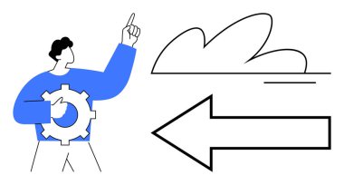 Teçhizatı yukarı doğru tutan adam, bulut ve geniş ok yönünü vurguluyor. Yenilik, karar verme, liderlik, strateji, ilerleme, büyüme ekibi çalışması için idealdir. Basit düz metafor