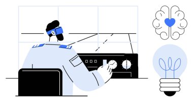 Pilot kokpit konsolunda kontrolleri kullanıyor, kalbi merkezde olan beyin, ampul. Yenilik, yaratıcılık, liderlik, teknoloji, problem çözen karar verme havacılığı için idealdir. Basit düz