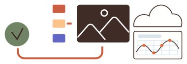 Bağlı şema, bulut depolama, resim, kontrol listesi ve renk blokları veri analizi, bulut işbirliği, içerik organizasyonu. Teknoloji ve iş akışı analizleri için ideal