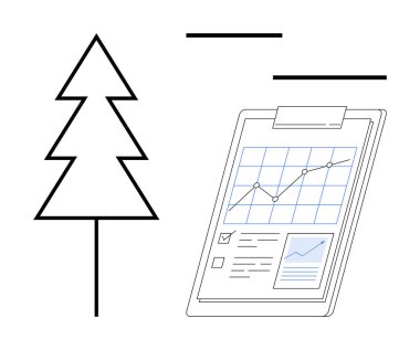 Veri eğilimleri, kontrol listesi ve analiz grafikleriyle birlikte ağaç sembolü. Sürdürülebilirlik, ekonomik büyüme, çevre, iş planlaması, raporlama için ideal, yeşil enerji basit