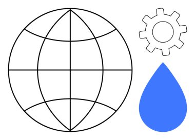 Dünya çizgisi, mavi su damlası ve küresel işbirliğini, su sürdürülebilirliğini ve yeniliği sembolize eden vites. Çevre, enerji, endüstri, teknoloji ekolojisi küreselleşme takım çalışması için ideal