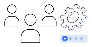 Bir çark ve ses dalgası ikonuna sahip üç kişinin soyut taslağı, takım çalışmasını, otomasyonu ve ses arayüzlerini temsil ediyor. İşbirliği, teknoloji, yenilik, otomasyon için ideal