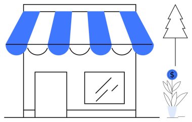 Çizgili tenteli, penceresi, kapısı, para temalı bitkisi ve ağacı olan bir dükkan. Küçük işletmeler için ideal, girişimcilik, perakende büyüme, sürdürülebilirlik finansal planlama basit düz girişimler