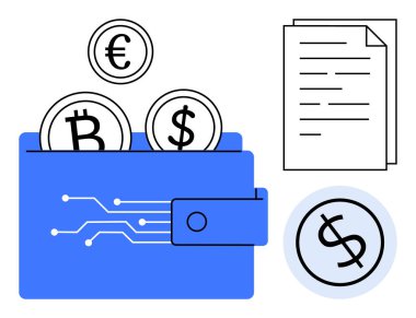 İçinde Bitcoin, Euro, Dollar bağlantılı devre tasarım kağıtları ve Dolar simgesi olan mavi cüzdan. Kripto para birimi, fintech, finans, ödemeler, tasarruflar, ekonomi teknolojisi için ideal