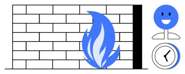 Mavi alevli tuğla duvar güvenlik duvarını, mutlu yüz kullanıcı memnuniyetini ve saat de zaman verimliliğini gösteriyor. Siber güvenlik, veri güvenliği, yazılım, ağ koruması için ideal