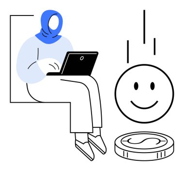 Dizüstü bilgisayarlı bir kadın, evden çalışmayı ya da serbest çalışmayı simgeliyor, gülümseyen madeni para görüntülerinin yanında. Uzaktan çalışma, dijital finans, serbest ticaret, ekonomi, üretkenlik, çevrimiçi başarı için ideal basit