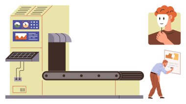 İşçi, kimlik oluşturma, otomasyon, karar verme, veri analizi, bireysellik, kontrol ve yenilikleri gösteren bir panoda planlar yaparken maske üreten fabrika taşıyıcısı. Basit bir daire.