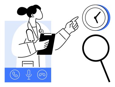 Doktor pano tutuyor, saati yakınlarda bir büyüteçle gösteriyor, telefon ve mikrofon simgeleri. Teletıp, programlama, zaman izleme, sanal istişareler, iş akışı verimliliği için ideal