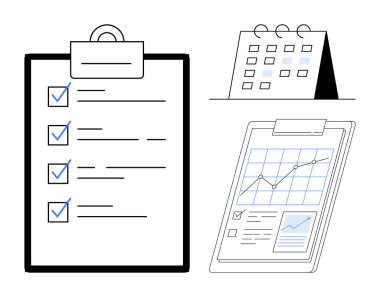 Görev listesi panosu, ayakta duran takvim ve analiz edilmiş veri ve grafiklerle dolu pano. Organizasyon, planlama, proje yönetimi, üretkenlik, görev izleme, veri analiz işi için ideal