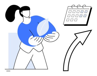 Çevreye odaklanmayı sembolize eden bir yaprak tutan kadın, planlama için takvim ve ilerlemeyi gösteren yukarı doğru ok. Sürdürülebilirlik, büyüme stratejisi, eko-planlama, üretkenlik, gelecekteki hedefler için ideal